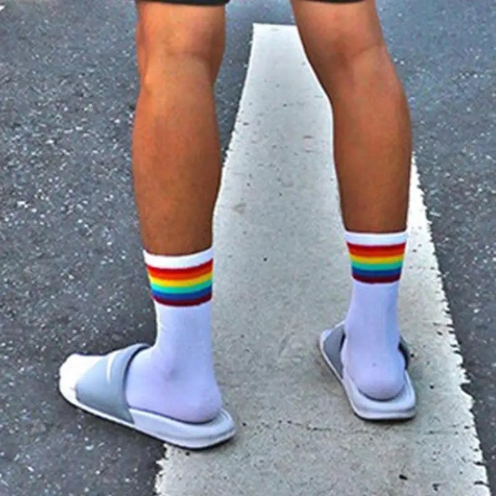 Rainbow Striped Cotton Socks For Men, Sport Style Sock Fashion Bottom Party